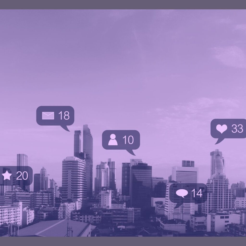 city with bubbles showing followers, comments, and likes from social media