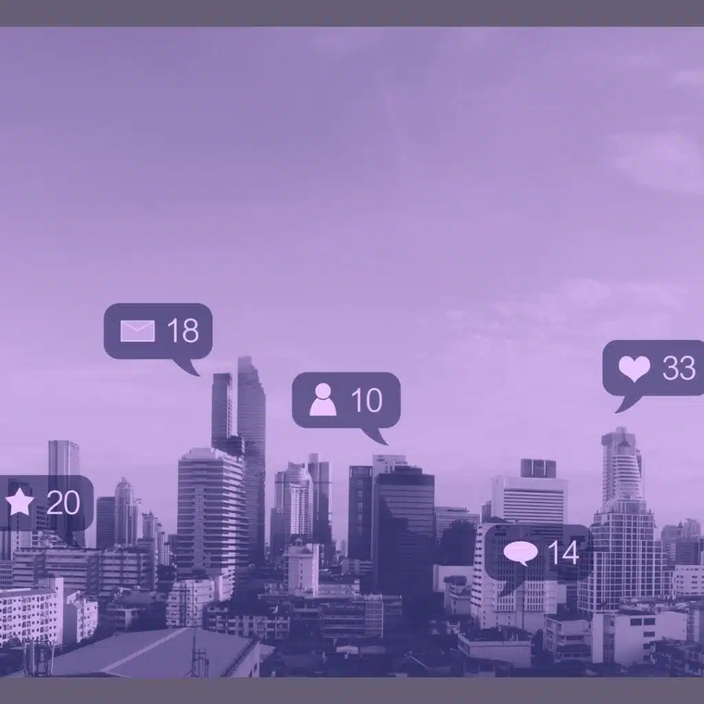 city with bubbles showing followers, comments, and likes from social media